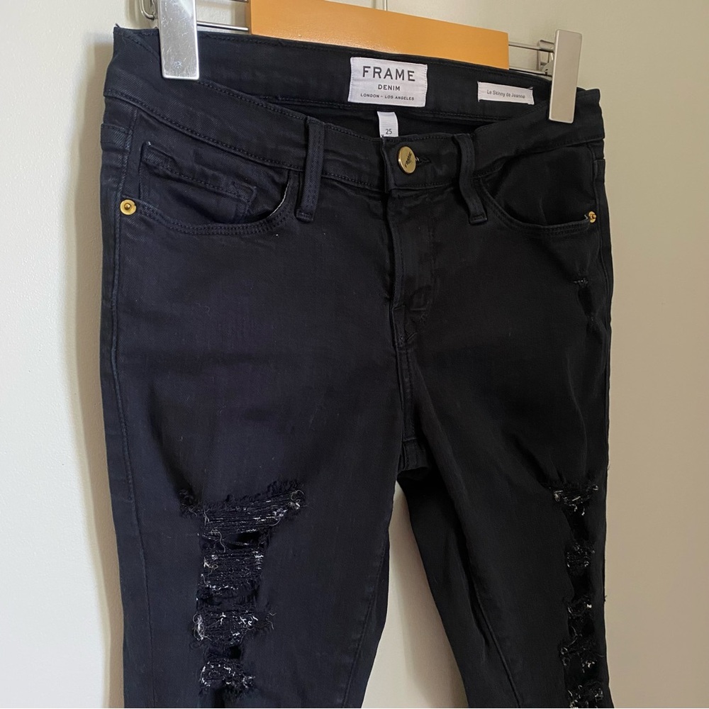 Frame Le Skinny De Jeanne Black Film Noir Distressed Jeans Size 25 - Picture 3 of 10